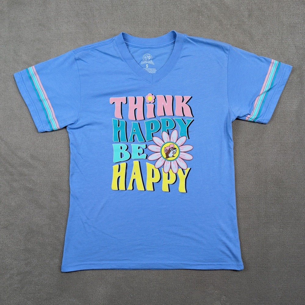 Buc-ee's Retro Think Happy Be Happy T-Shirt Small Blue Daisy Graphic V-Neck Tee